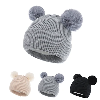 1 шт., однотонные вязаные шерстяные шапочки для малышей с двойным пушистым шариком, осенние и зимние плюшевые теплые шапочки для новорожденных, детские головные уборы
