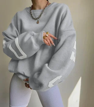 2022 Трансграничный женский повседневный принт Amazon в Европе и Северной Америке, дополненный свитером с длинными рукавами серого цвета. 22