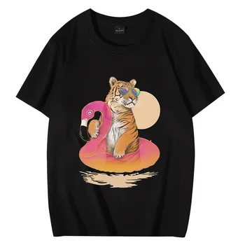 Chillin Flamingo Tiger, мужская Женская футболка с графикой, летняя модная хлопковая футболка с коротким рукавом, Забавные футболки унисекс Оверсайз