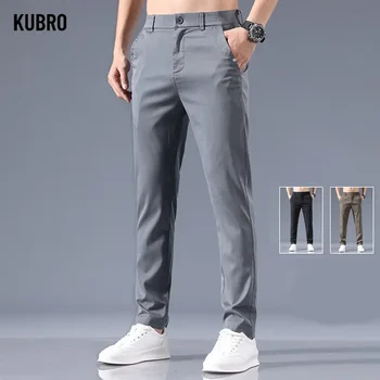 KUBRO 2023, Новые мужские облегающие прямые брюки цвета хаки из тонкого шелка Ice Silk, Летние Модные деловые повседневные брюки-стрейч высокого класса
