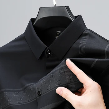 Высококачественные мужские рубашки из ледяного шелка, осень 2023, однотонный принт, длинные рукава, Европейский деловой повседневный тренд, одежда на подкладке