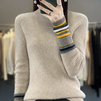 Высококачественный женский вязаный свитер из 100% мериносовой шерсти, базовый пуловер с высоким воротом, осенне-зимний корейский модный топ