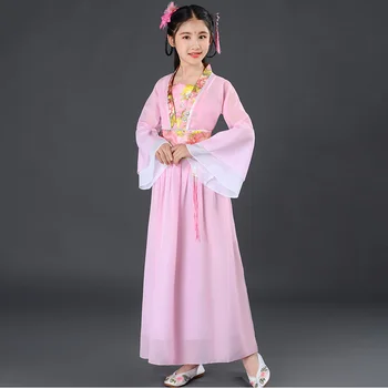 Древнекитайские традиционные платья Ханфу для девочек, весенняя одежда фей, Розовые, красные, Зеленые, желтые Костюмы для народных танцев, Полные комплекты