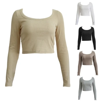 Женская Однотонная Трикотажная футболка в рубчик, Сексуальный Пуловер С круглым вырезом, Укороченный Топ 449B