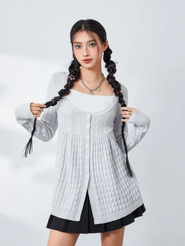 Женские свитера ручной вязки Повседневные свободные топы с длинным рукавом и квадратным вырезом на пуговицах