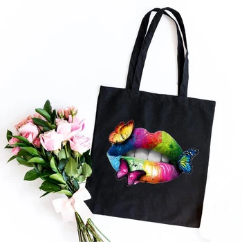 Женские холщовые сумки на плечо с разноцветными губами и бабочками, хлопковая холщовая сумка для покупок, тотализаторы, милая забавная сумочка