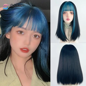 Женский прямой парик средней длины GAKA Synthetic Blue Mix с челкой, натуральный парик для косплея в стиле Лолиты для ежедневной вечеринки