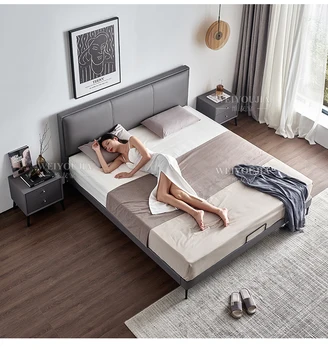 Кожаная кровать современная простая небольшая квартира итальянская роскошная минималистская двуспальная кровать 1,8 м 1,5 спальная кровать из массива дерева