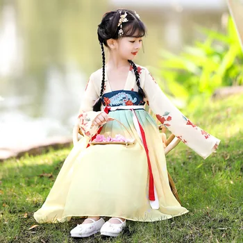 Летний детский шифоновый костюм Тан, детские костюмы с традиционной вышивкой для прекрасных древних девочек Ханьфу