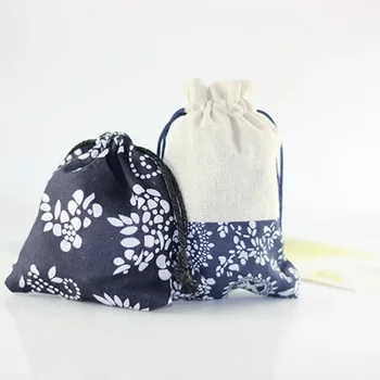 Модный новый льняной карман с синим букетом, изысканная подарочная сумка для ювелирных изделий, сумка из нескольких веревок для салата, упаковка ювелирных изделий