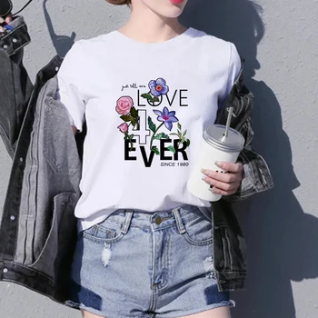 Новая футболка, женская футболка с цветочным и буквенным принтом, индивидуальность, Харадзюку, хипстерская футболка с тонким разрезом, женская верхняя одежда