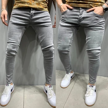 Новые мужские эластичные джинсы-скинни, модные эластичные хлопковые узкие джинсовые брюки, мужские брюки-карандаш большого размера, однотонные повседневные брюки