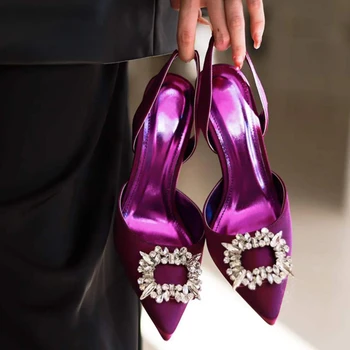 Осенние дизайнерские шелковые женские туфли-лодочки со стразами На высоком каблуке в необычном стиле, удобные вечерние свадебные туфли для невесты Фиолетового цвета, женские туфли