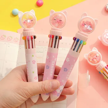Цветная выдвижная шариковая ручка 10 В 1, многоцветные ручки в форме милого кота, средняя точка для школьных канцелярских принадлежностей