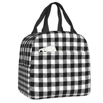 Черно-белая клетчатая коробка для ланча, женский кулер в геометрическую клетку, Термосумка для ланча с пищевой изоляцией, сумки для работы, сумки для пикника