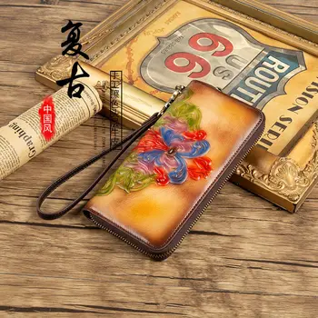 женский длинный кошелек из натуральной кожи первого слоя из воловьей кожи на молнии из натуральной кожи ручной клатч в китайском стиле